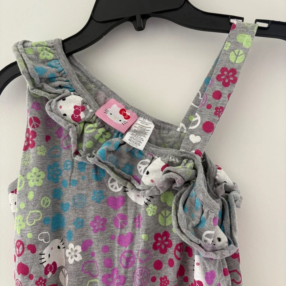 Hello Kitty‎ Romper Jumpsuit Ruffle Trim Hearts Peace Signs Gray Girls L (10/12)